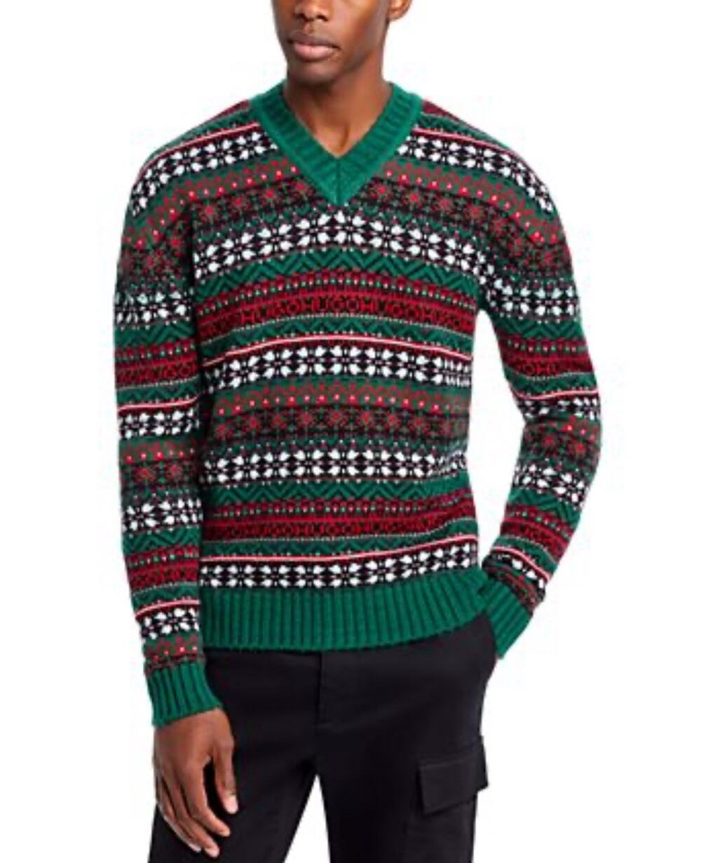 HUGO Sissoh Virgin Wool Blend Fair Isle Relaxed Fit V Neck Sweater Men's XXL